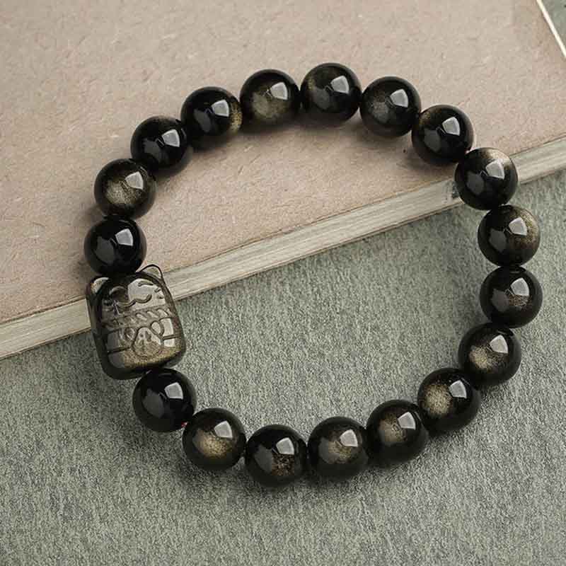 KarmaRipple's Gold Sheen Obsidian Silver Sheen Obsidian Lovely Paw Fortunate Cat Protection Bracelet p46