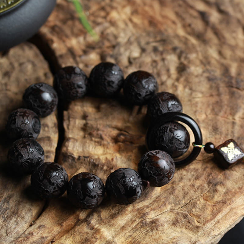 KarmaRipple's Ebony Wood Chinese Character Yin Yang Engraved Gourd Balance Bracelet p9