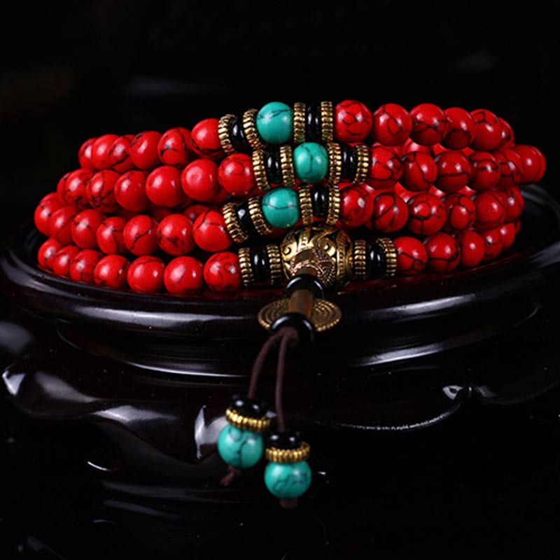 KarmaRipple's Tibetan Mala Red Turquoise Fortunate Pendant Bracelet p2