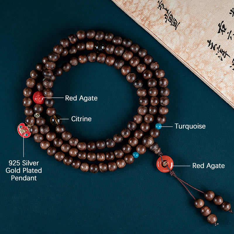 KarmaRipple's 108 Mala Beadwork Kalimantan Agarwood Laughing Buddha Peace Buckle Red Agate Jade Strength Bracelet p5