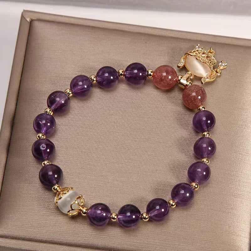 KarmaRipple's Authentic Amethyst Strawberry Quartz Cat Eye Chinese Lock Talisman Balancing Bracelet p2