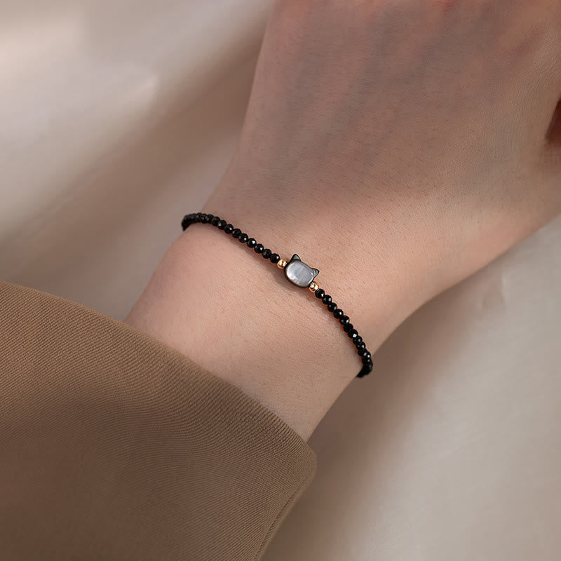 KarmaRipple's 14K Gold Plated Black Spinel Ivory Gemstone Cute Cat Tridacna Stone Balancing Bracelet p6