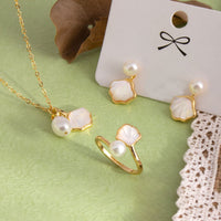 KarmaRipple's Ginkgo Tridacna Stone Pearl Bead Bronze Blessing Pendant Necklace Ring Earrings Set