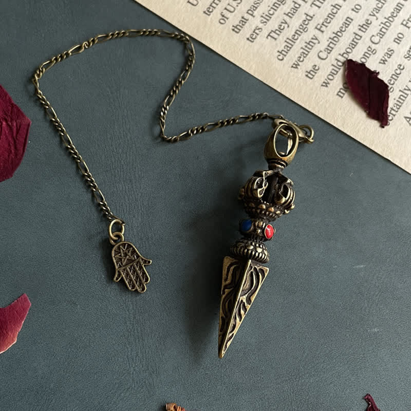 KarmaRipple's Pentagram Eye of God Feather Hamsa Bronze Balancing Pendant Necklace Pendulum p22