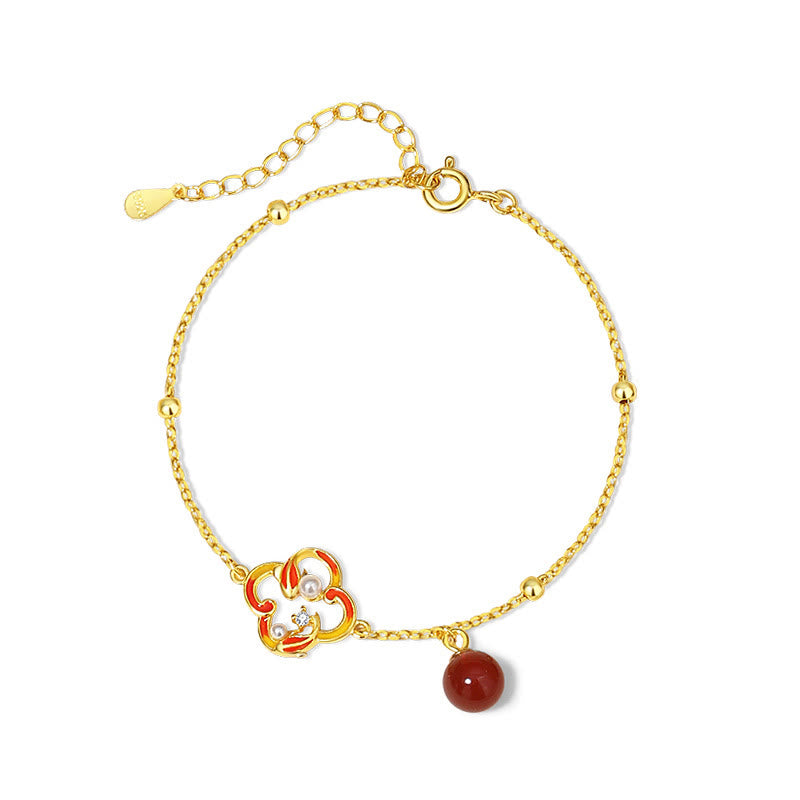 KarmaRipple's 925 Sterling Silver Four Leaf Clover Koi Fish Red Agate Pearl Wealth Bracelet Pendant Necklace Earrings Set p17