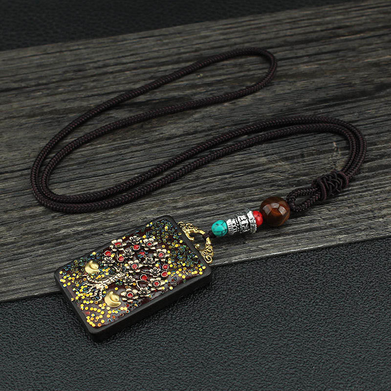 KarmaRipple's Tibet God Of Wealth Money Tree Golden Phoenix Thangka Ebony Peace Pendant Necklace p18