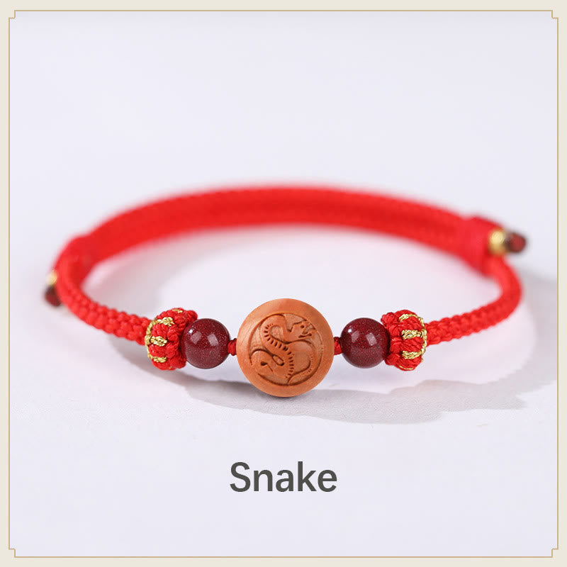 KarmaRipple's Authentic Peach Wood Chinese Zodiac Fu Character Carved Cinnabar Wealth Bracelet p37