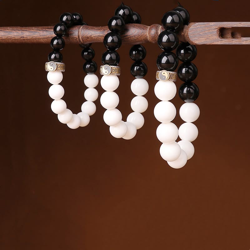 KarmaRipple's 925 Sterling Silver Black Obsidian Ivory Shell Yin Yang Strength Bracelet p12