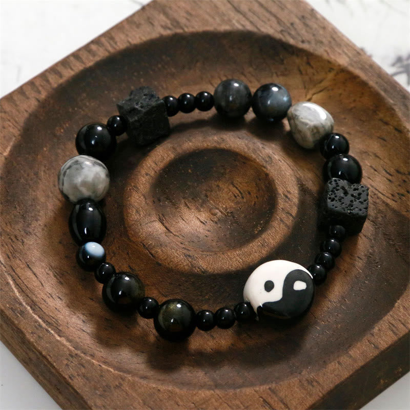 KarmaRipple's Black Onyx Picasso Jasper Bead Yin Yang Fortune Protection Bracelet p14
