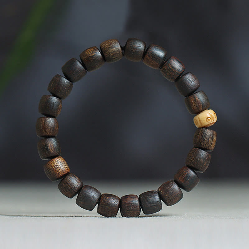 KarmaRipple's Nha Trang Rare Bai Qinan Agarwood Cyan Jade Red Agate Laughing Buddha Tibetan Bone Strength Meditation Bracelet p48