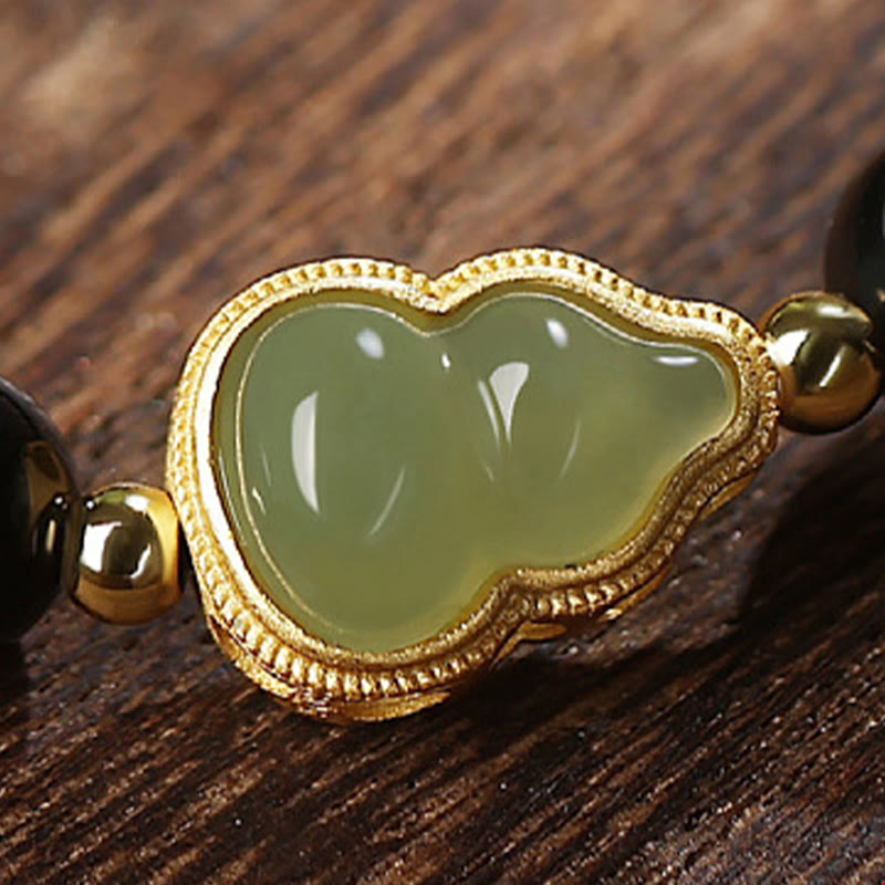 KarmaRipple's Authentic Black Obsidian Hetian Jade Gourd Double Happiness Strength Bracelet p10