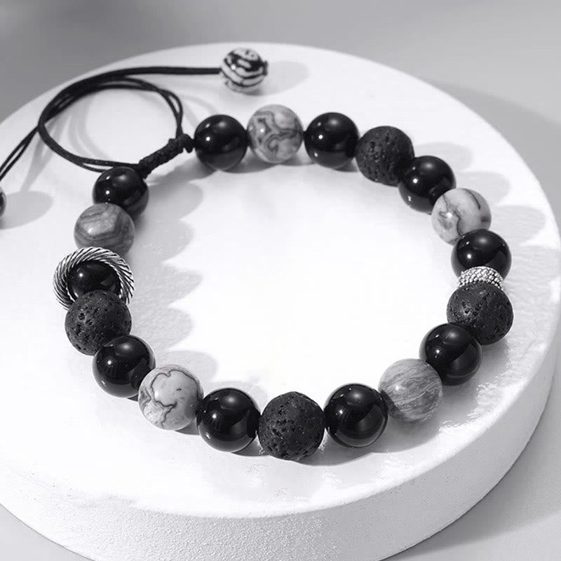 KarmaRipple's Vintage Lava Rock Black Obsidian Picasso Jasper Beadwork Support Rope Bracelet p2