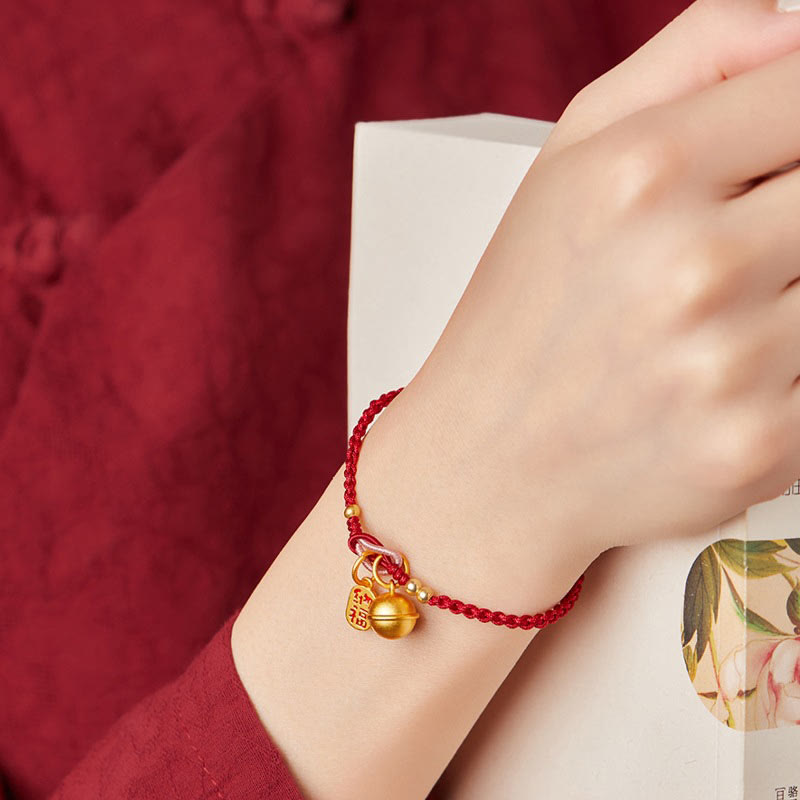KarmaRipple's Handmade Fu Character Talisman Fortune Happiness Bell Red Rope Bracelet p5