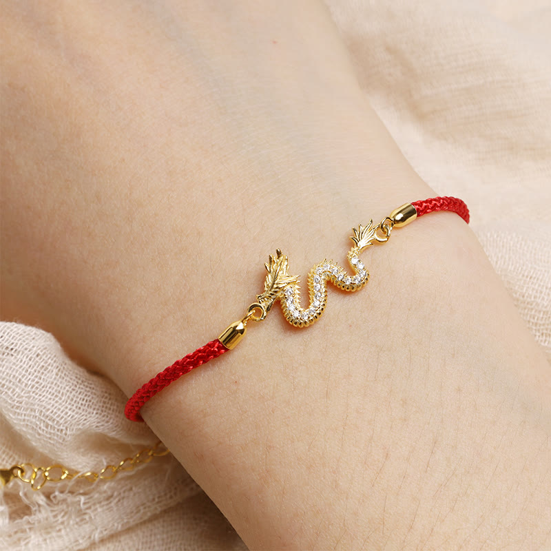 KarmaRipple's 925 Sterling Silver Year Of The Dragon Auspicious Golden Dragon Fortune Red Rope Chain Bracelet ( p6