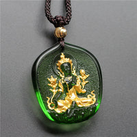 KarmaRipple's Tibetan Green Tara Buddha Gold Plated Liuli Gemstone Protection Pendant Necklace