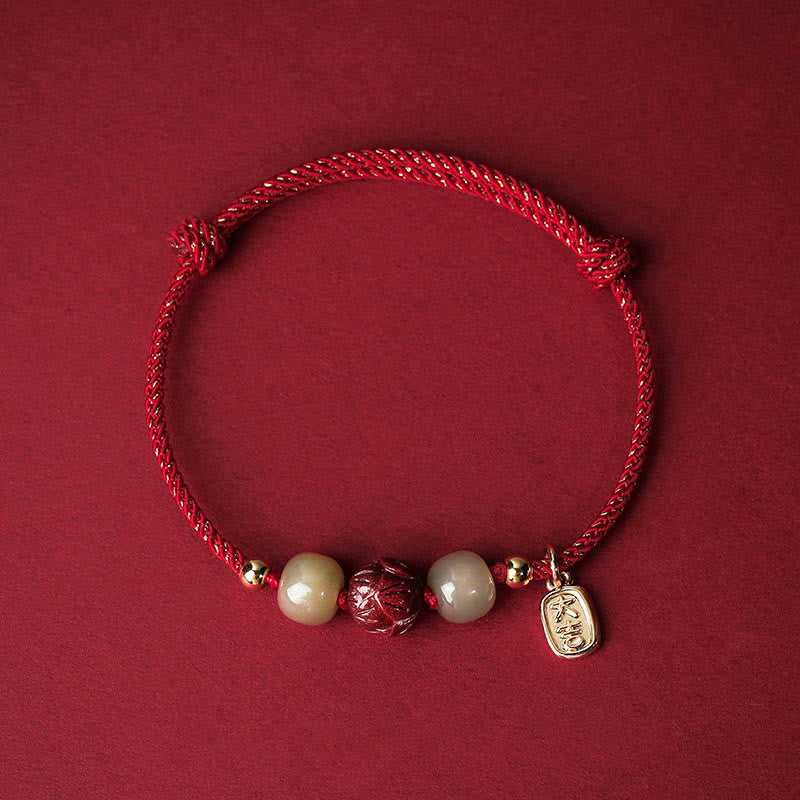 KarmaRipple's 14K Gold Plated Hetian Jade Cinnabar Lotus Fortune Handcrafted Rope Bracelet p20