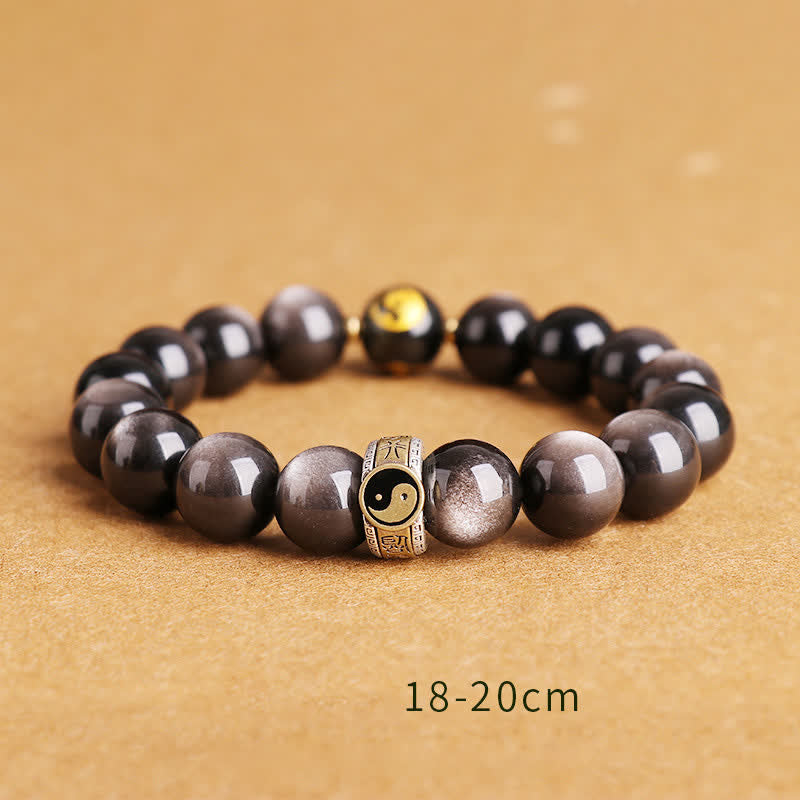 KarmaRipple's 925 Sterling Silver Black Obsidian Gold Sheen Obsidian Silver Sheen Obsidian Yin Yang Protection Bracelet p35