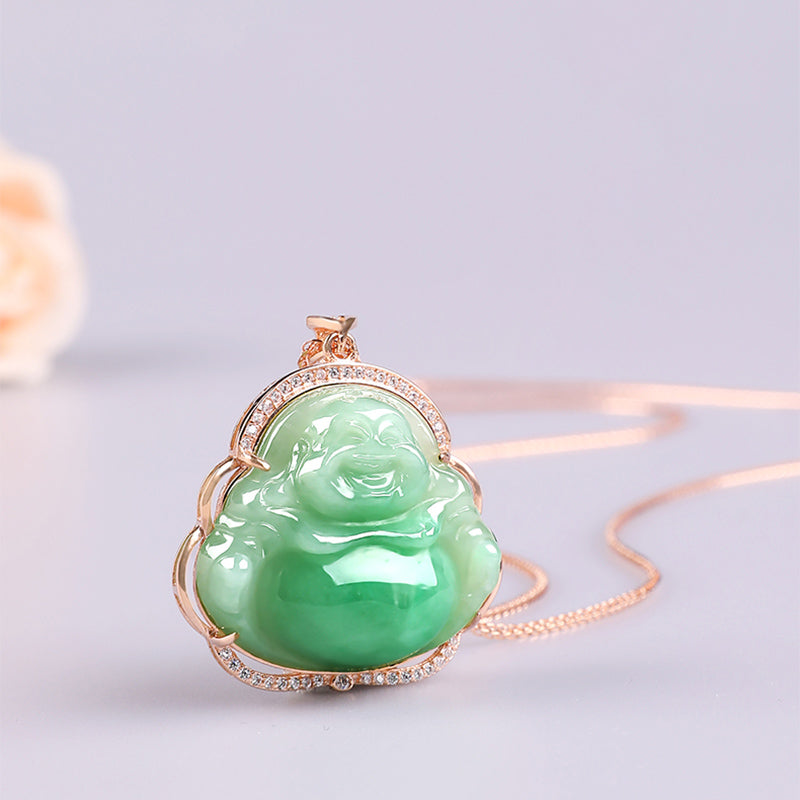 KarmaRipple's 925 Sterling Silver Laughing Buddha Authentic Jade Prosperity Pendant Chain Necklace p1