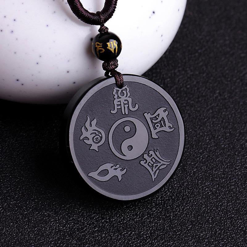 KarmaRipple's Authentic Black Obsidian Taoism Five Sacred Mountains Nine-Character Mantra Carved Strength Yin Yang Pendant Necklace Key Chain p1