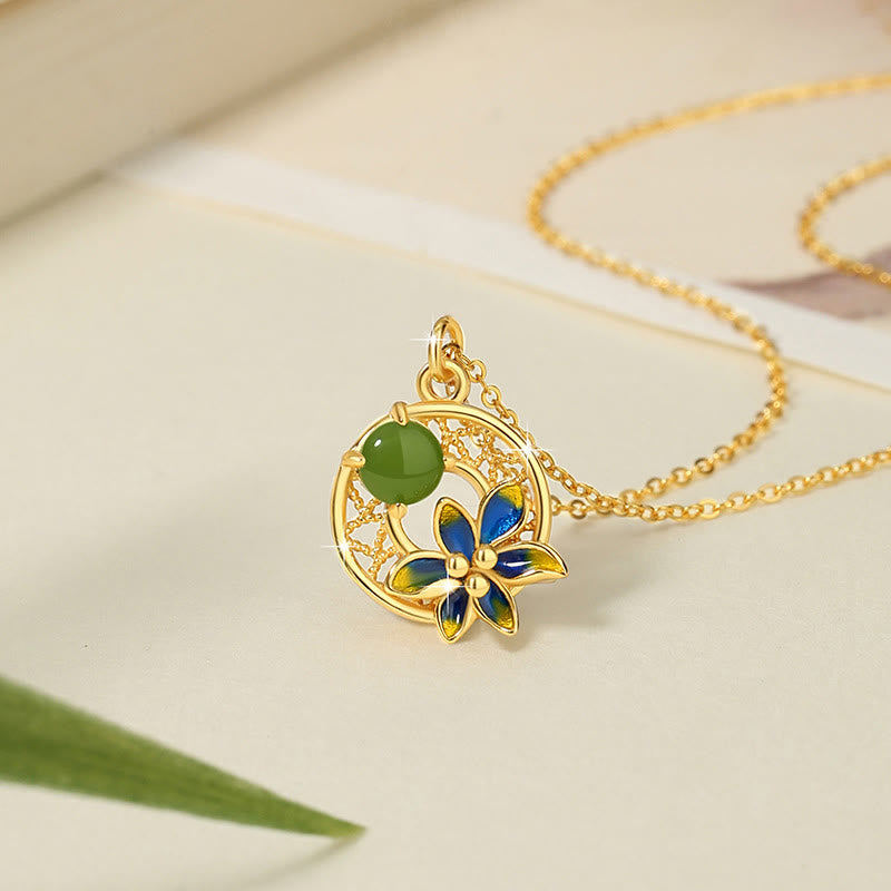 KarmaRipple's 925 Sterling Silver Authentic Hetian Cyan Jade Flower Fortune Pendant Necklace Ring Earrings Set p15