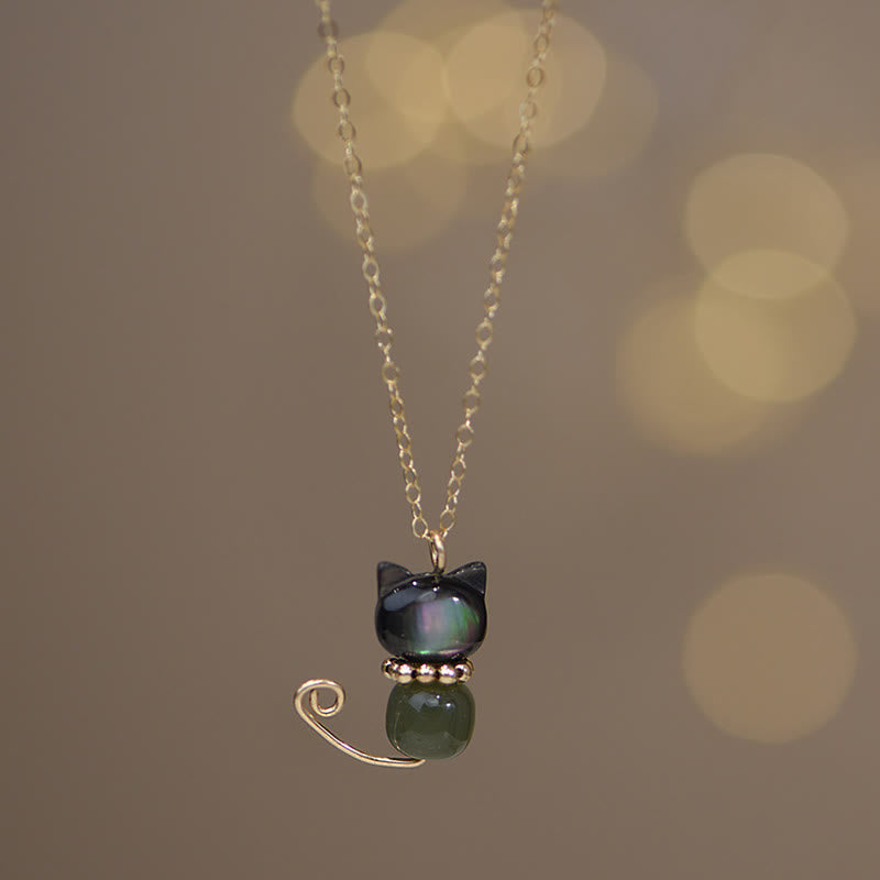 KarmaRipple's 14K Gold Plated Pearl Hetian Jade Shell Fortune Cat Kitten Pendant Necklace p3