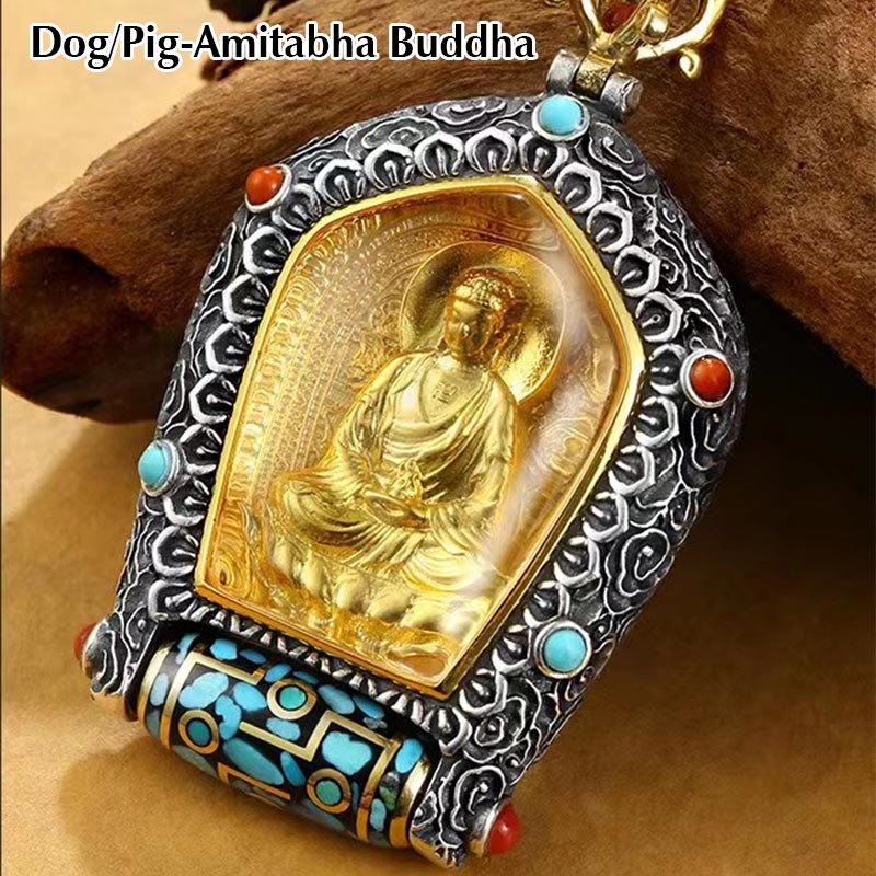 KarmaRipple's Tibet Chinese Zodiac Natal Buddha Thangka Prosperity Rotatable Dzi Bead Pendant Necklace p27