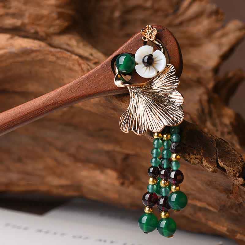 KarmaRipple's Red Sandalwood Green Agate Ginkgo Leaf Protection Hairpin p6