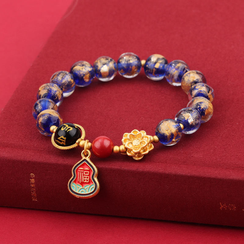 KarmaRipple's Tibet Om Mani Padme Hum Fu Character Gourd Talisman Lotus Liuli Glass Bead Fortune Bracelet p18