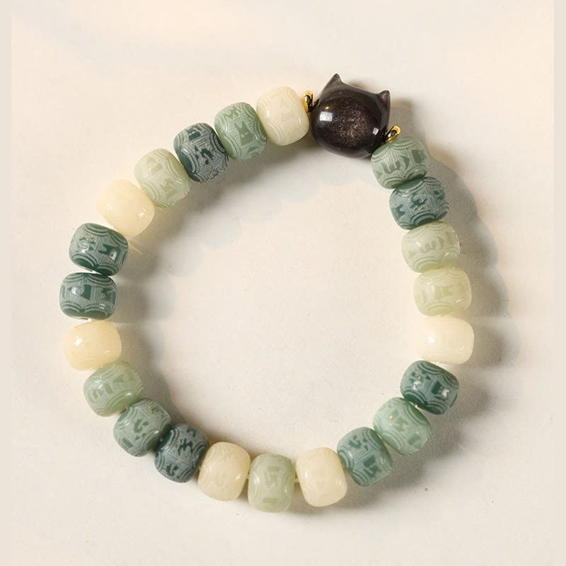 KarmaRipple's Bodhi Seed Silver Sheen Obsidian Cat Head Om Mani Padme Hum Engraved Balance Bracelet p10