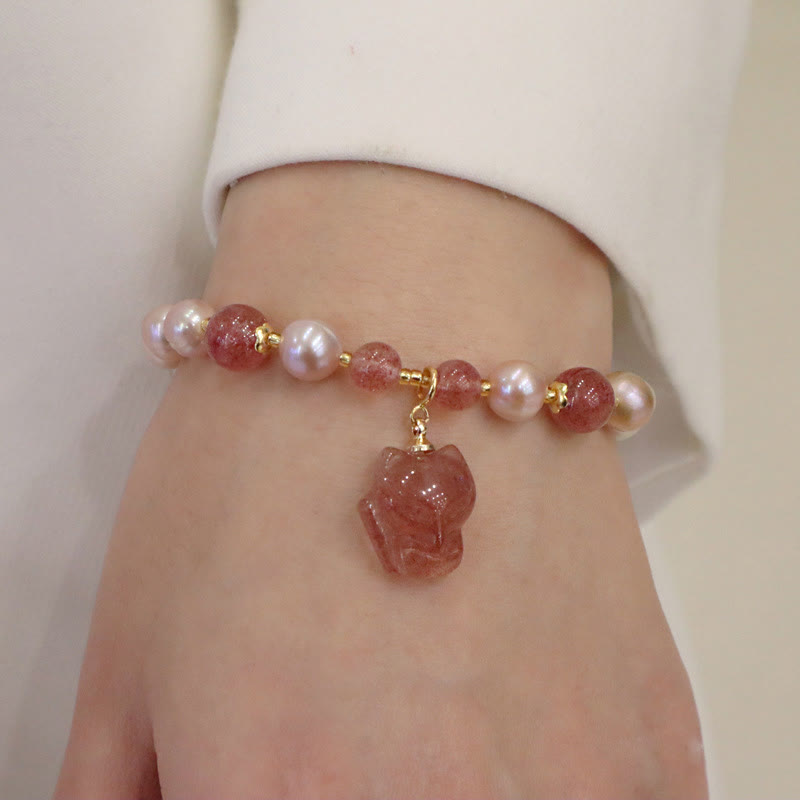 KarmaRipple's Authentic Pearl Strawberry Quartz Cute Fox Love Balancing Talisman Bracelet p11