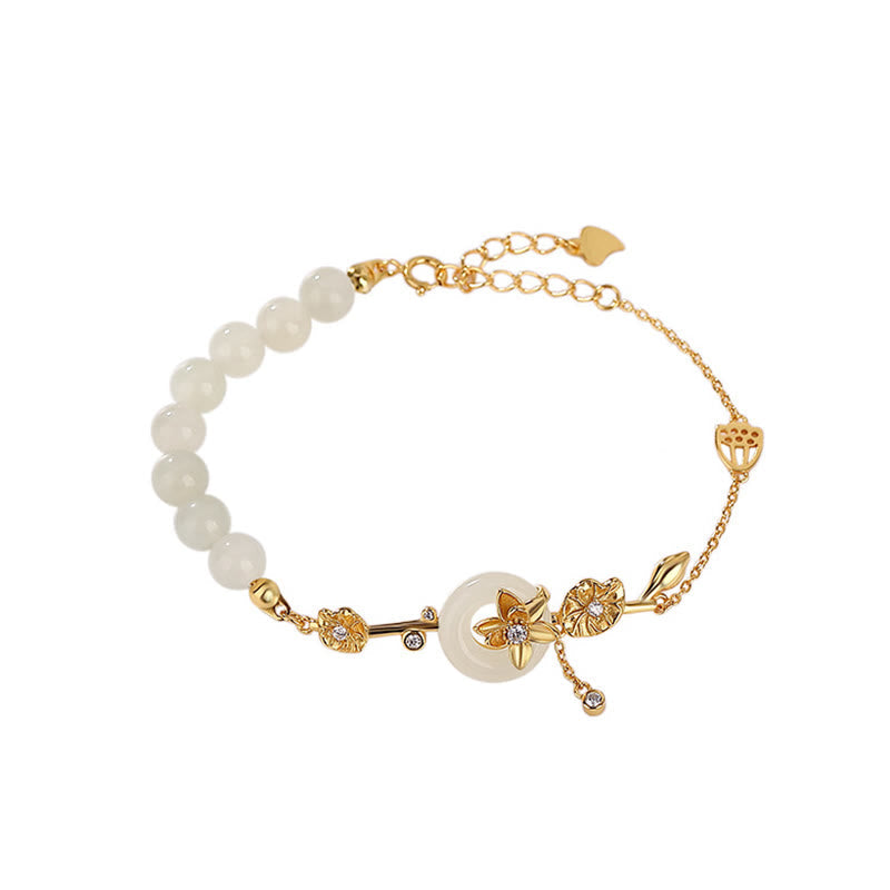 KarmaRipple's 925 Sterling Silver Hetian Jade Peace Buckle Lotus Fortune Chain Bracelet p7