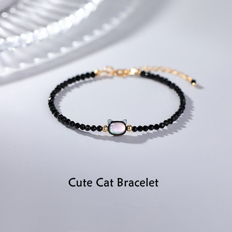 KarmaRipple's 14K Gold Plated Black Spinel Ivory Gemstone Cute Cat Tridacna Stone Balancing Bracelet p1