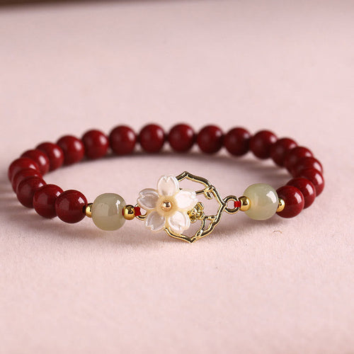 KarmaRipple's Authentic Cinnabar Jade Beaded Tridacna Stone Flower Blessing Bracelet