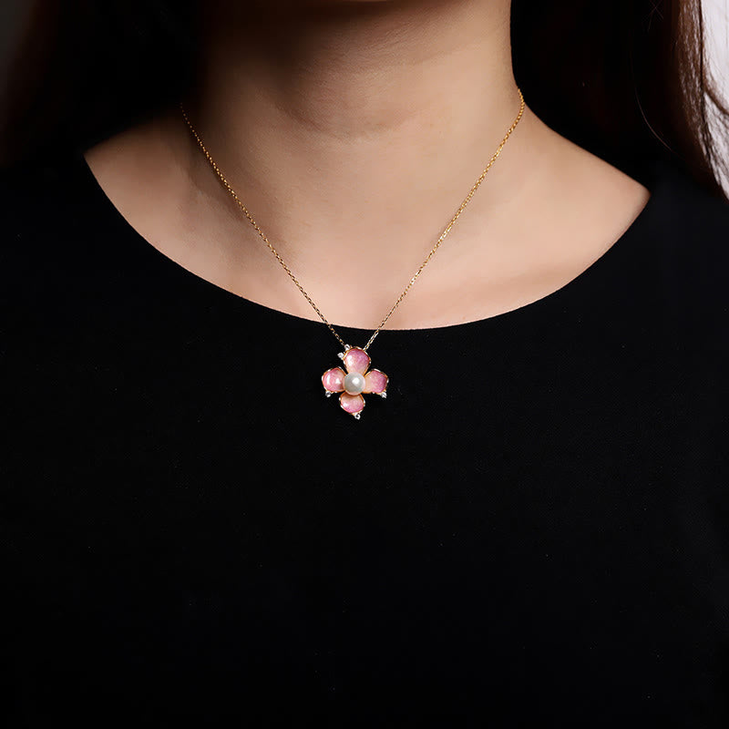 KarmaRipple's 925 Sterling Silver Pearl Red Flower Petals Design Wisdom Pendant Necklace Earrings Set p6