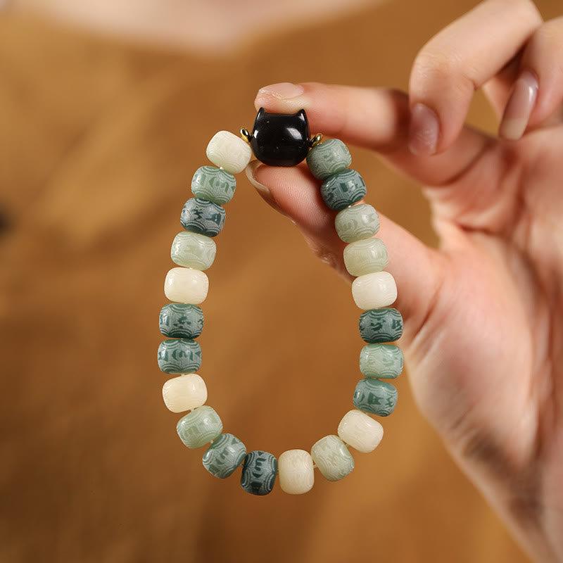 KarmaRipple's Bodhi Seed Silver Sheen Obsidian Cat Head Om Mani Padme Hum Engraved Balance Bracelet p2