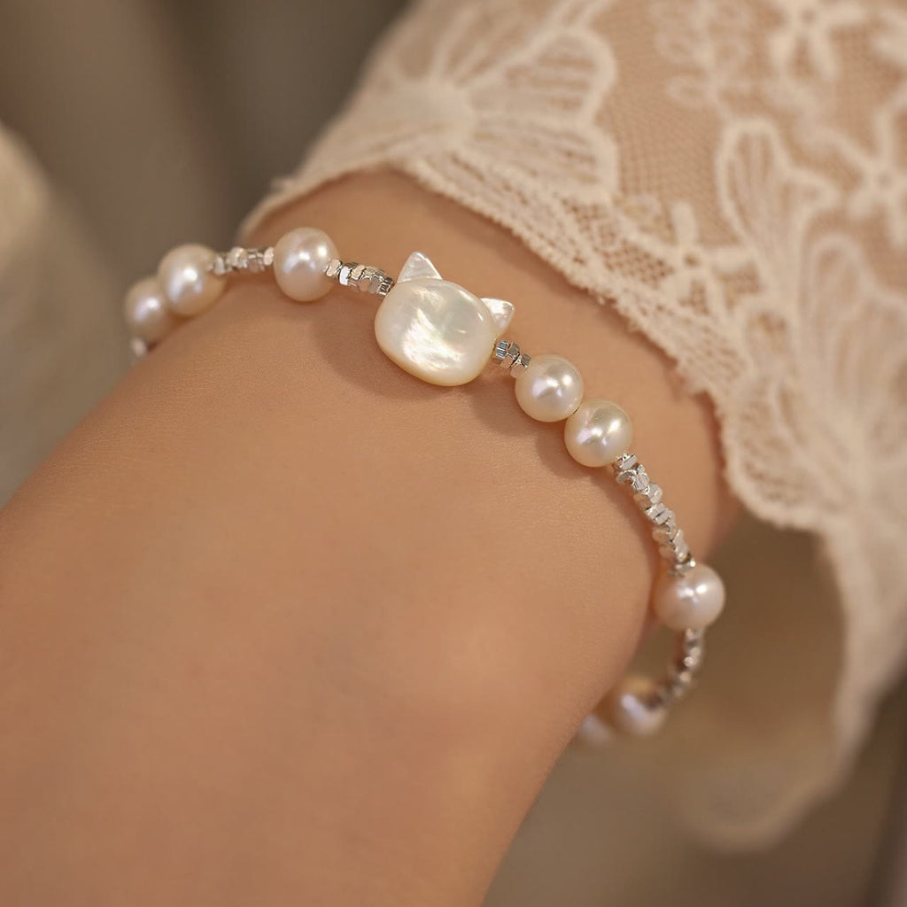 KarmaRipple's Pearl Cat Head Tridacna Stone Silver Chain Balancing Bracelet p3