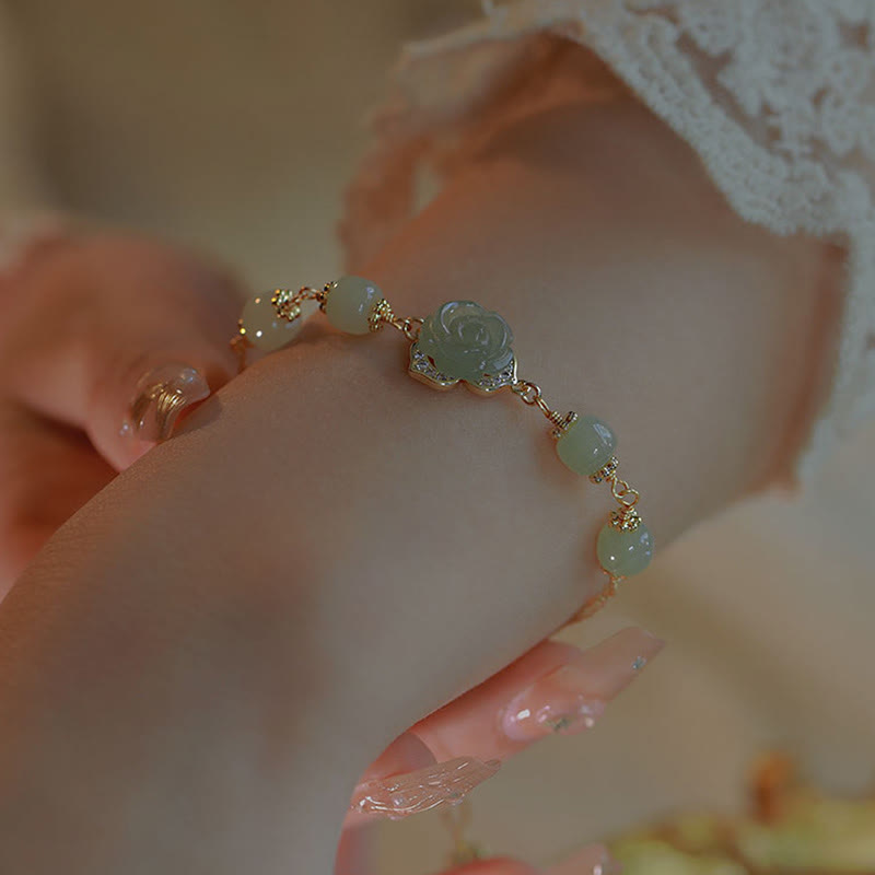 KarmaRipple's 14K Gold Plated Hetian Jade Rose Flower Fortune Chain Bracelet p12