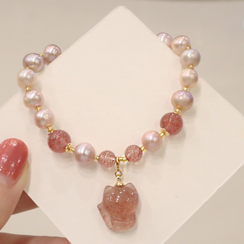 KarmaRipple's Authentic Pearl Strawberry Quartz Cute Fox Love Balancing Talisman Bracelet p3