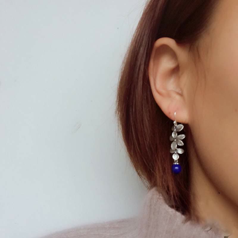 KarmaRipple's 925 Sterling Silver Turquoise Lazurite Flower Leaf Serenity Protection Hook Drop Dangle Earrings p12