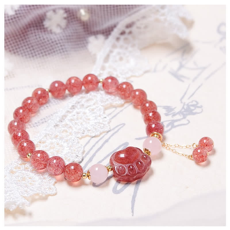 KarmaRipple's Authentic Strawberry Quartz Pink Gemstone Fortunate Cat Paw Love Bracelet p2