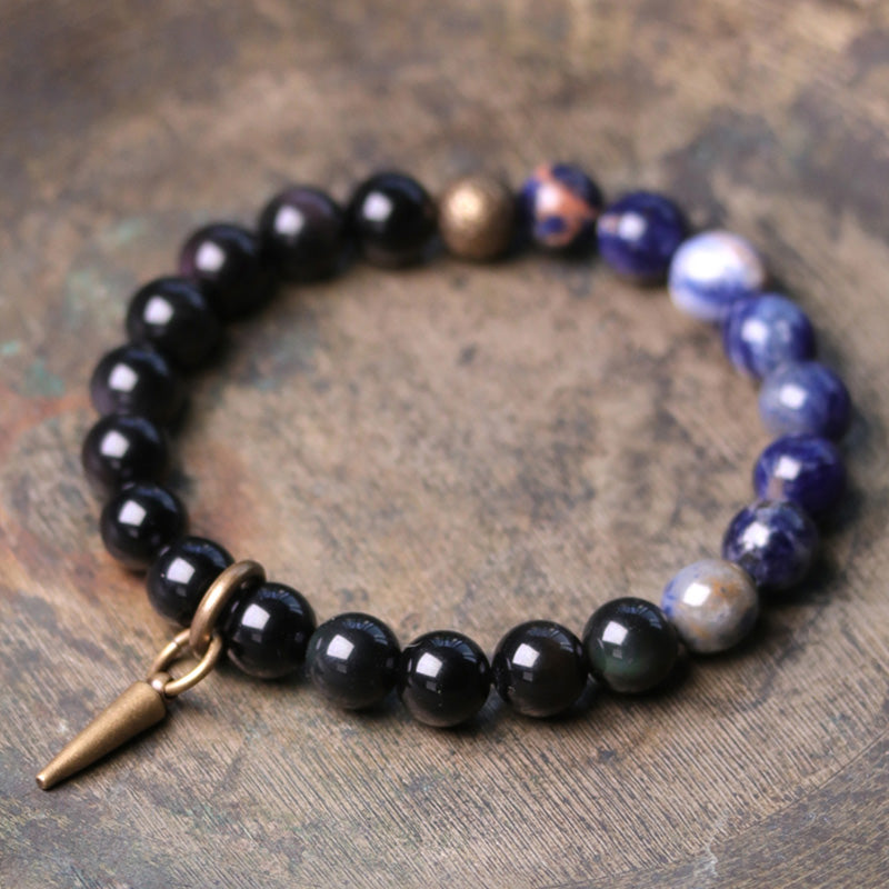 KarmaRipple's Black Obsidian Sodalite Gemstone Bronze Strength Pair Bracelet p1