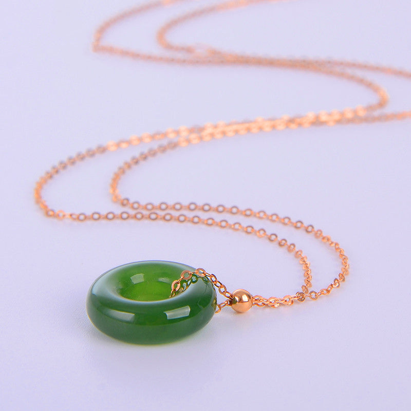 KarmaRipple's Round Cyan Jade Balancing 14K Gold Pendant Necklace p9