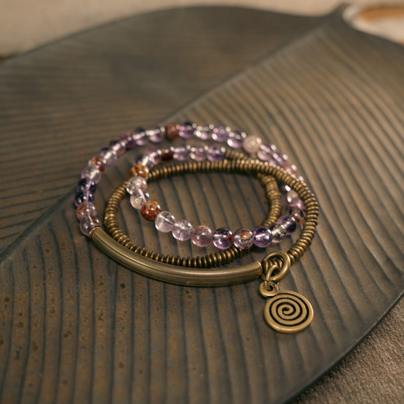 KarmaRipple's Purple Phantom Red Hematoid Quartz Green Rutilated Quartz Bronze Love Forgive Bracelet p4