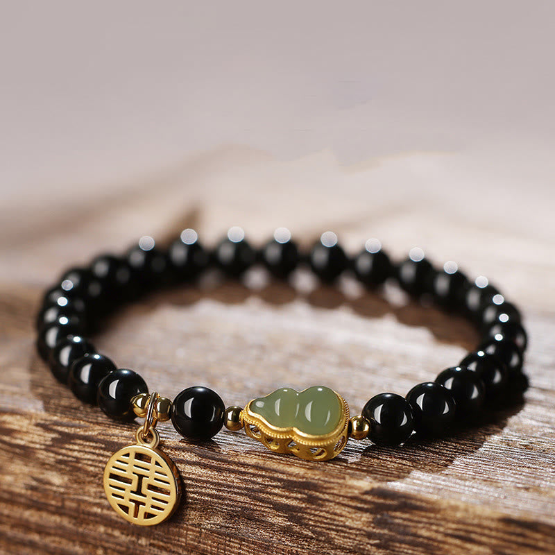 KarmaRipple's Authentic Black Obsidian Hetian Jade Gourd Double Happiness Strength Bracelet p20