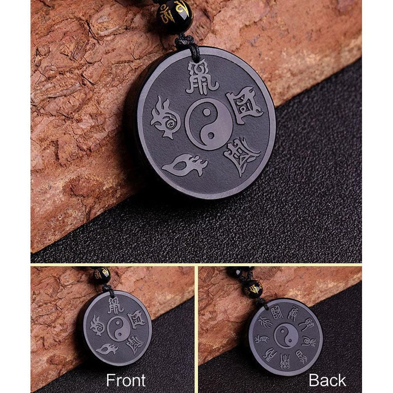 KarmaRipple's Authentic Black Obsidian Taoism Five Sacred Mountains Nine-Character Mantra Carved Strength Yin Yang Pendant Necklace Key Chain p8