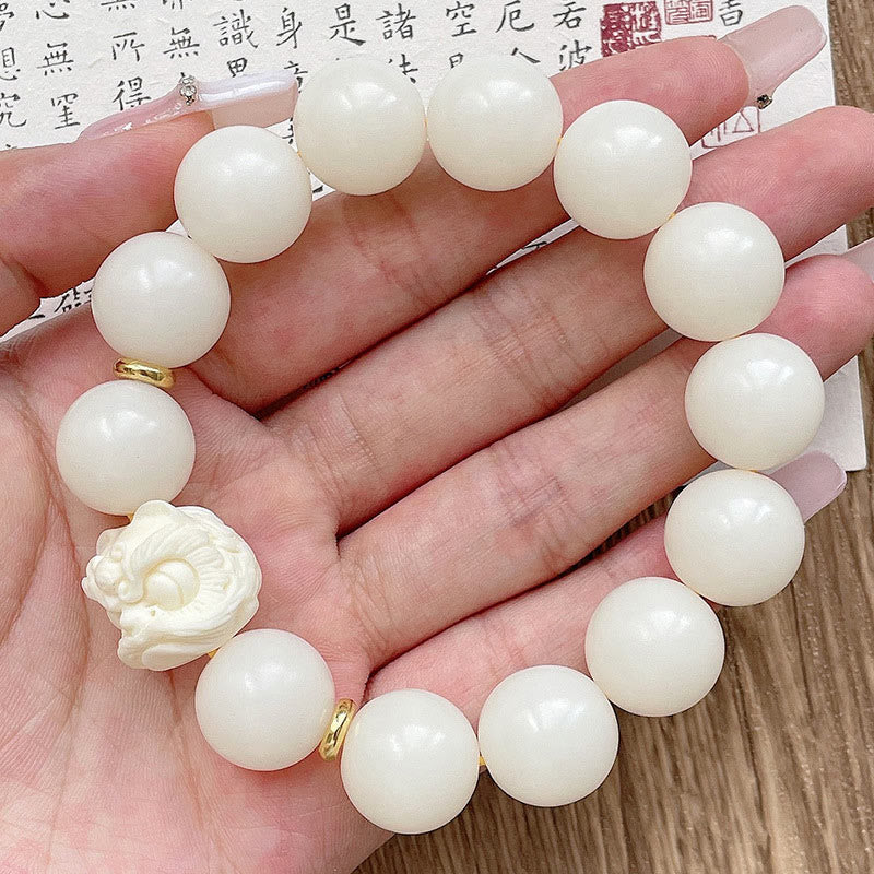 KarmaRipple's Silver Sheen Obsidian Bodhi Seed Ivory Fruit Dancing Lion Protection Bracelet p23