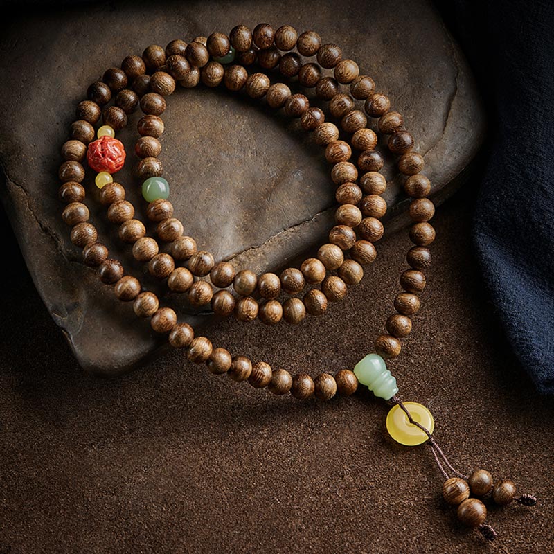 KarmaRipple's 108 Mala Beadwork Kalimantan Agarwood Gourd Jade Amber Balance Bracelet p1