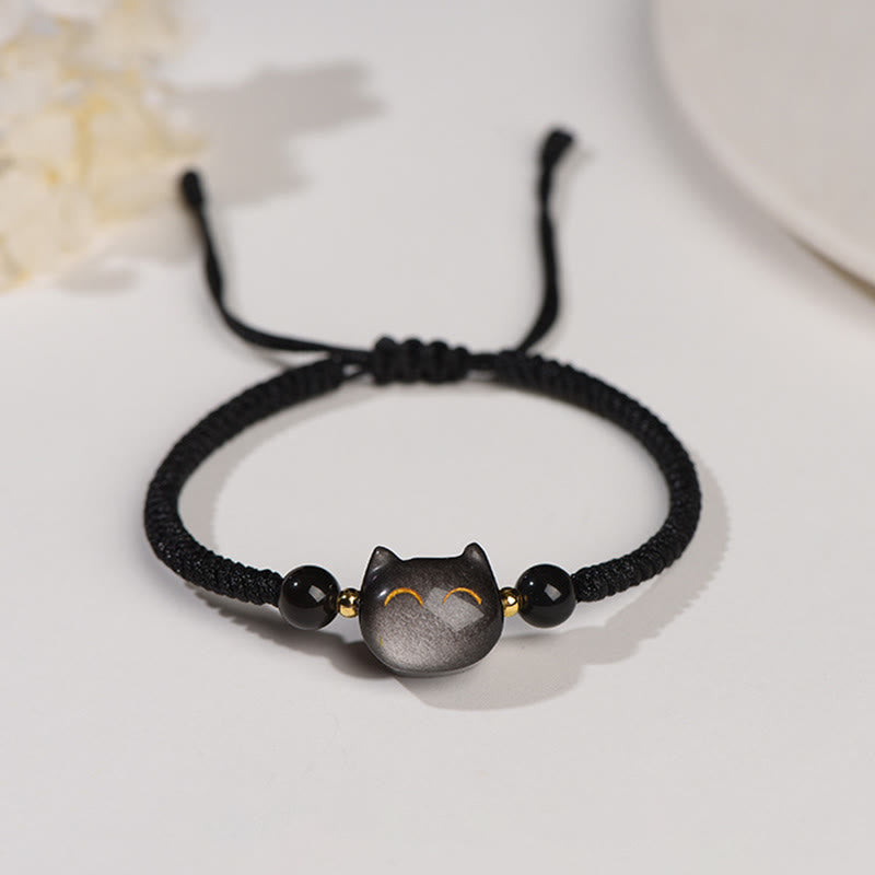 KarmaRipple's Handmade Authentic Silver Sheen Obsidian Strawberry Quartz Cute Cat Protection Woven Bracelet p1