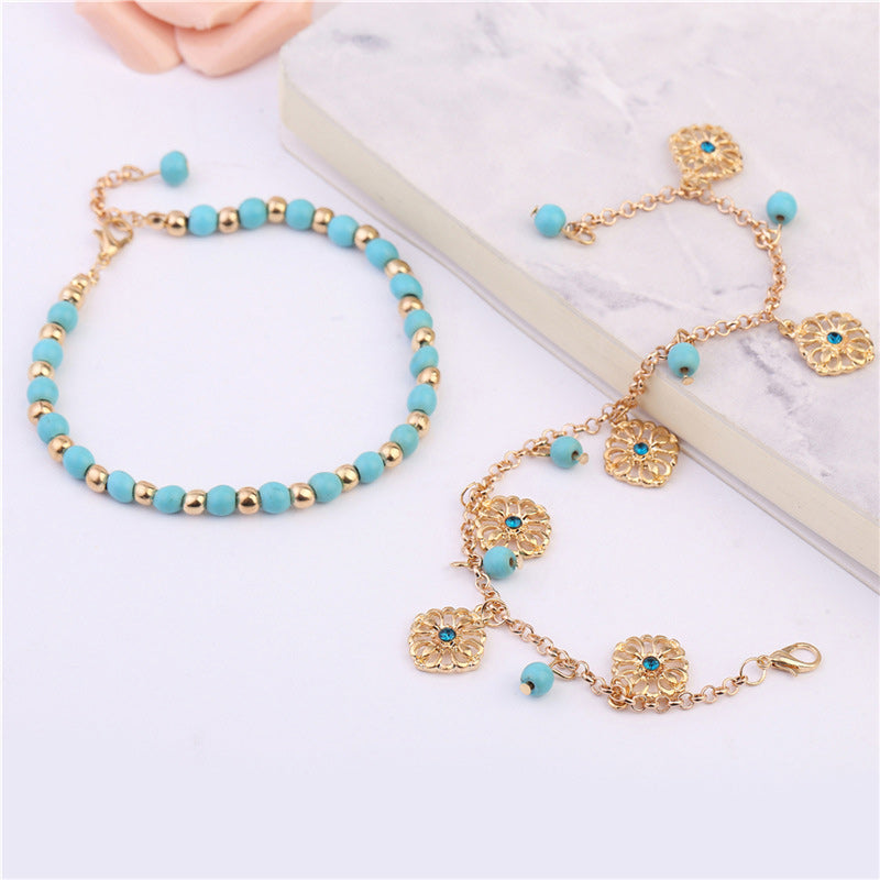 KarmaRipple's 2Pcs Turquoise Stone Flower Protection Bracelet Anklet p2