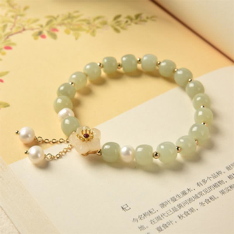 KarmaRipple's Hetian Jade Flower Pearl Happiness Abundance Bracelet p7
